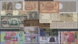 various countries: nice mixture with 102 Banknotes, advertising notes and fantasy prints from Lithuania, France, Brazil, USA, Austria, Denmark, Mavrod...