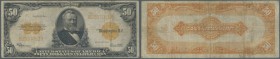USA: 50 Dollars Gold Certificate series 1922 with Portrait of President Grant, P.276 with a number of folds and stains, tiny tear at center in the por...