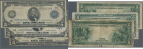 USA: set with 3 Banknotes 5 Dollars Federal Reserve Note, series 1914 with blue seal, 2 of them with letter 2-B New York at left (P.359bB) and another...