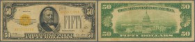 USA: 50 Dollars Gold Certificate, series 1928, P.402 in nice attractive condition, small graffiti at upper center, yellowed paper, some handling marks...