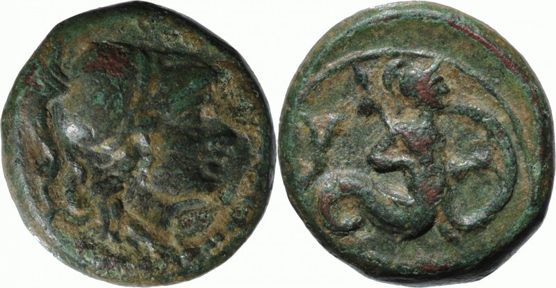 LUCANIA, HERACLEA, c. 250-225 BC. AE (14mm, 1,24g, 2h). Helmeted head of Athena ...