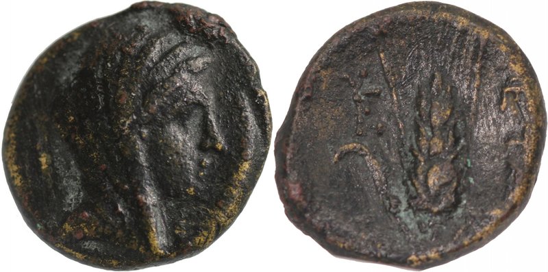 LUCANIA, METAPONTION, c. 350-320 BC. AE (15mm, 2,52g, 3h). Veiled head of Demete...