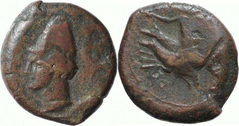 BRUTTIUM, SCYLLETION, c. 344-325 BC. AE (20mm, 8,12g, 7h). Male head left wearin...