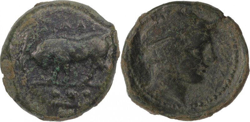 SICILY, GELA, c. 420-405 BC. AE Tetras (18mm, 5,04g, 2h). Bull walking left, ΓΕΛ...