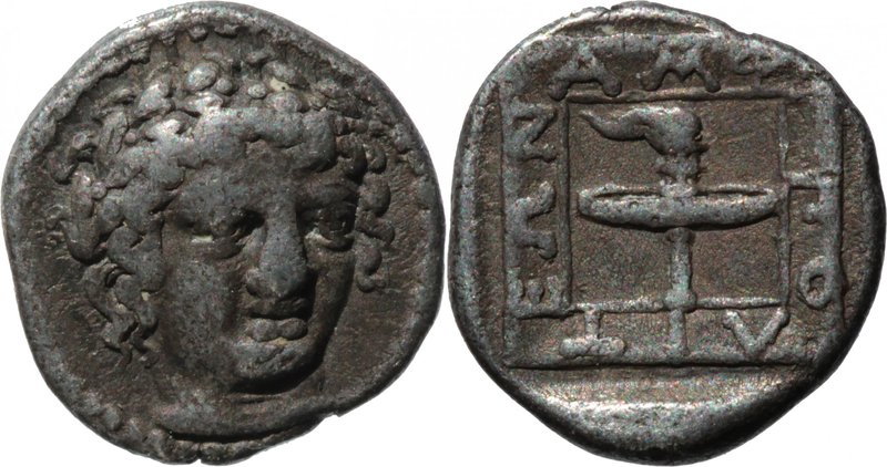 MACEDON, AMPHIPOLIS, c. 370-369 BC. AR Hemidrachm (12mm, 1,69g, 6h). Laureate he...
