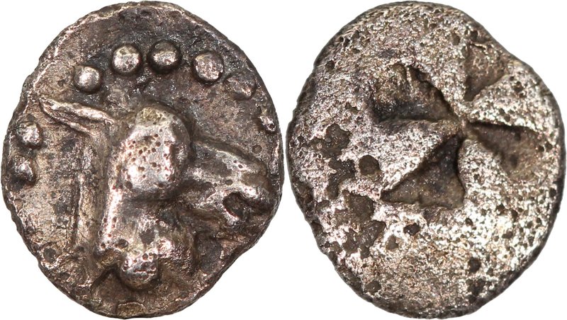 MACEDON, MENDE, c. 520-480 BC. AR, tritetartemorion (8mm, 0,28g). Ass head right...