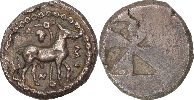 MACEDON, MENDE, 500-480 BC. AR, tetrobol (13mm, 2,65g). Ithyphallic ass advancin...