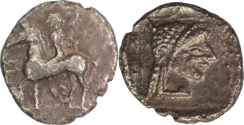 MACEDON, POTIDAIA, c. 525-500 BC. AR, tetrobol (15mm, 2,29g, 1h). Poseidon Hippi...