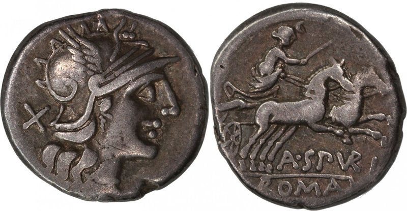 A. SPURILIUS, 139 BC. AR, denarius (18mm, 3,55g, 4h). Rome mint. Helmeted head o...