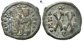 Phocas, with Leontia AD 602-610. Theoupolis (Antioch). Half follis Æ