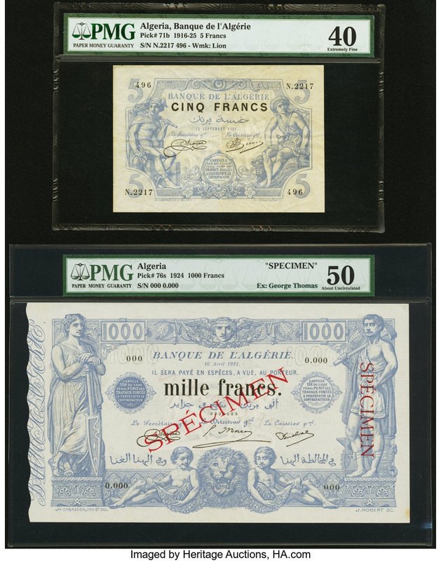 Algeria Banque d'Algerie 5 Francs; 1000 Francs 15.9.1920; 16.4.1924 Pics 71b; 76...