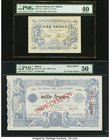Algeria Banque d'Algerie 5 Francs; 1000 Francs 15.9.1920; 16.4.1924 Pics 71b; 76s Two Specimens PMG Extremely Fine 40; About Uncirculated 50. A pleasi...