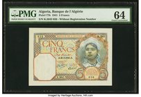 A Trio of Scarce Colonial Issues From The Banque de L'Algeria. A pleasing trio of banknotes, each uncommon: Banque de L'Algeria 5 Francs 25.3.1941 Pic...