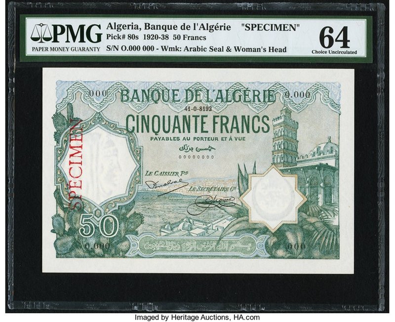 Algeria Banque d'Algerie 50 Francs (ND 1920-38) Pick 80s Specimen PMG Choice Unc...