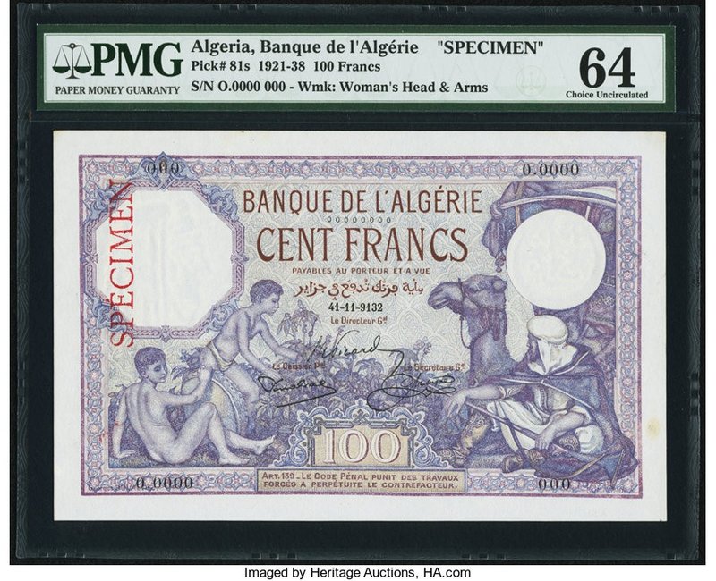 Algeria Banque d'Algerie 100 Francs ND (1921-38) Pick 81s Specimen PMG Choice Un...