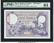 Algeria Banque d'Algerie 100 Francs ND (1921-38) Pick 81s Specimen PMG Choice Uncirculated 64. A beautiful Specimen of this stunning denomination, and...