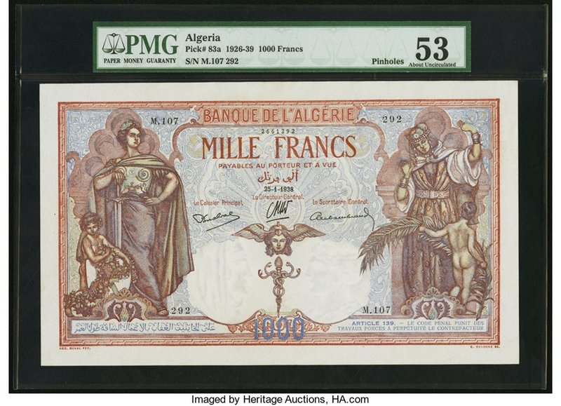 Algeria Banque de l'Algerie 1000 Francs 25.1.1938 Pick 83a PMG About Uncirculate...