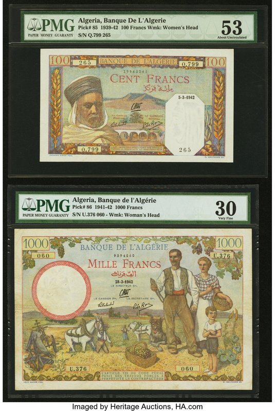 Banque de l'Algerie 100 Francs 5.3.1942 Pick 85 PMG About Uncirculated 53; Banqu...