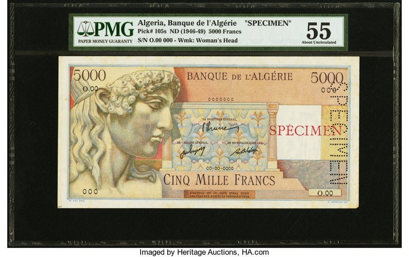 Algeria Banque de l'Algerie 5000 Francs ND (1946-49) Pick 105s Specimen PMG Abou...