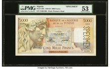 Algeria Banque de l'Algerie et de la Tunisie 5000 Francs 1949-56 Pick 109s Specimen PMG About Uncirculated 53. A lovely large sized Specimen bearing A...