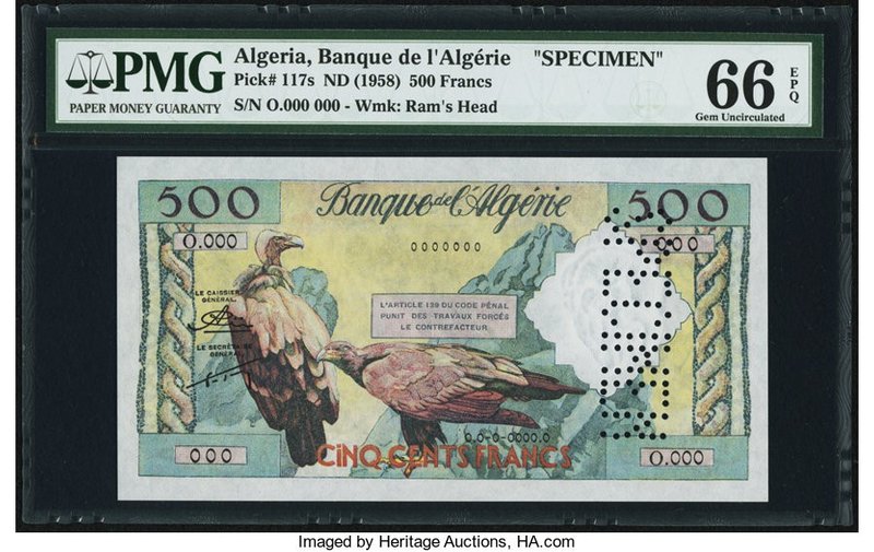 Algeria Banque de l'Algerie 500 Francs ND (1958) Pick 117s Specimen PMG Gem Unci...