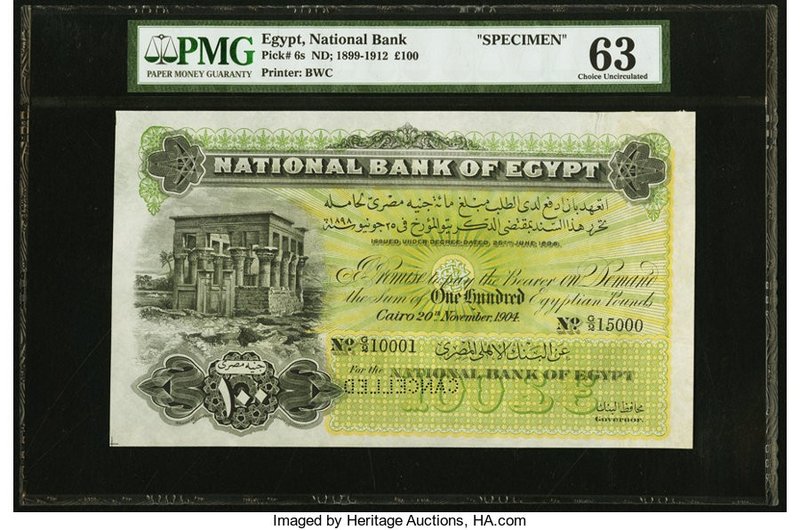 Egypt National Bank of Egypt 100 Pounds 20.11.1904 Pick 6s Specimen PMG Choice U...