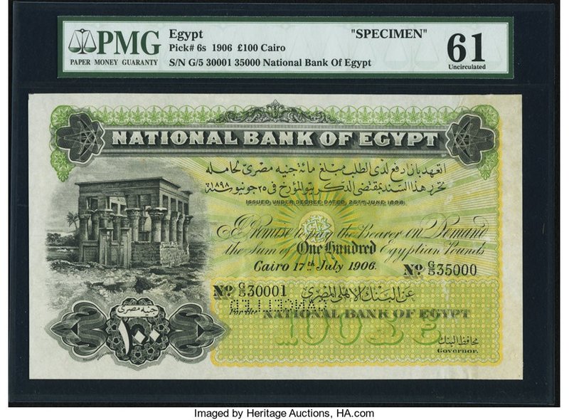 Egypt National Bank of Egypt 100 Pounds 17.7.1906 Pick 6s Specimen PMG Uncircula...