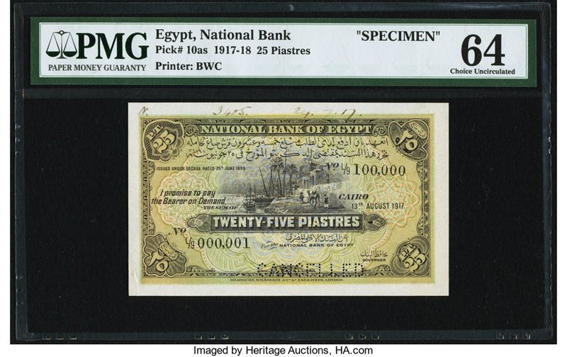 Egypt National Bank of Egypt 25 Piastres 13.8.1917 Pick 10as Specimen PMG Choice...