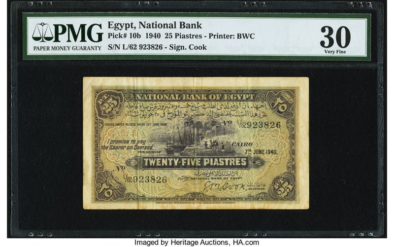 Egypt National Bank of Egypt 25 Piastres 7.6.1940 Pick 10b PMG Very Fine 30. The...