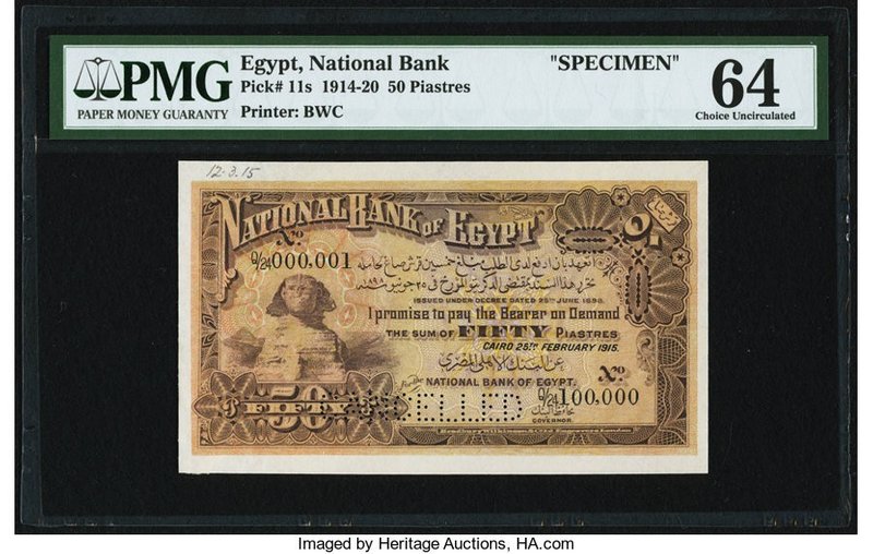 Egypt National Bank of Egypt 50 Piastres 25.2.1915 Pick 11s Specimen PMG Choice ...
