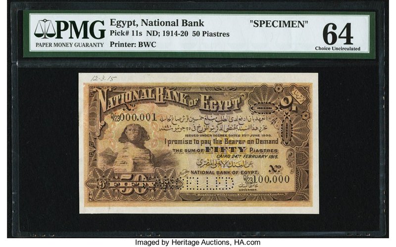 Egypt National Bank of Egypt 50 Piastres 24.2.1915 Pick 11s Specimen PMG Choice ...