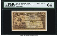 Egypt National Bank of Egypt 50 Piastres 24.2.1915 Pick 11s Specimen PMG Choice Uncirculated 64. A spectacularly iconic small denomination Specimen is...