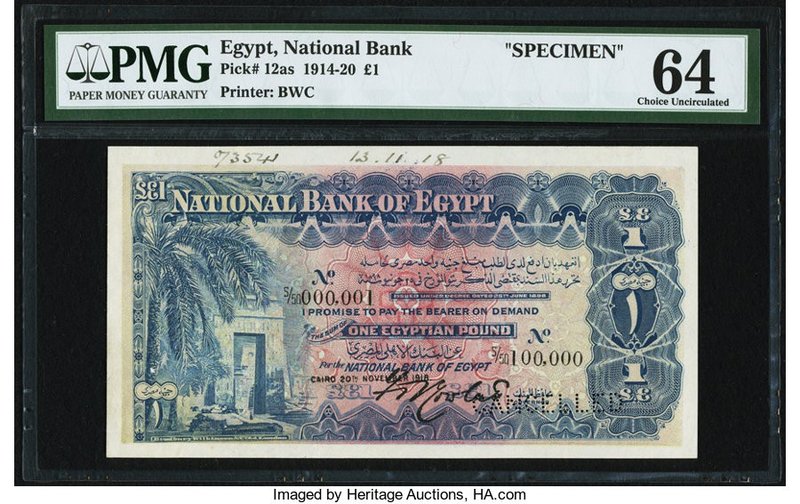 Egypt National Bank of Egypt 1 Pound 20.11.1918 Pick 12as Specimen PMG Choice Un...
