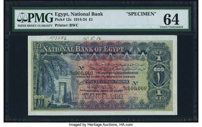 Egypt National Bank of Egypt 1 Pound 20.7.1916 Pick 12s Specimen PMG Choice Unci...