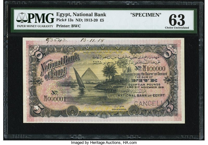 Egypt National Bank of Egypt 5 Pounds 21.11.1918 Pick 13s Specimen PMG Choice Un...