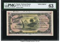 Egypt National Bank of Egypt 5 Pounds 21.11.1918 Pick 13s Specimen PMG Choice Uncirculated 63. The Great Pyramids of Giza with a view of the Nile are ...