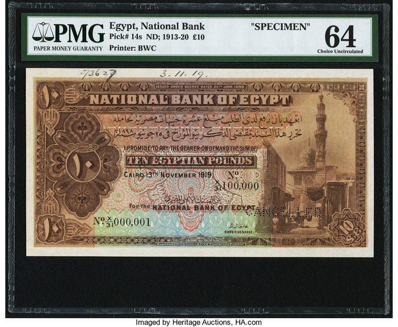 Egypt National Bank of Egypt 10 Pounds 13.11.1919 Pick 14s Specimen PMG Choice U...