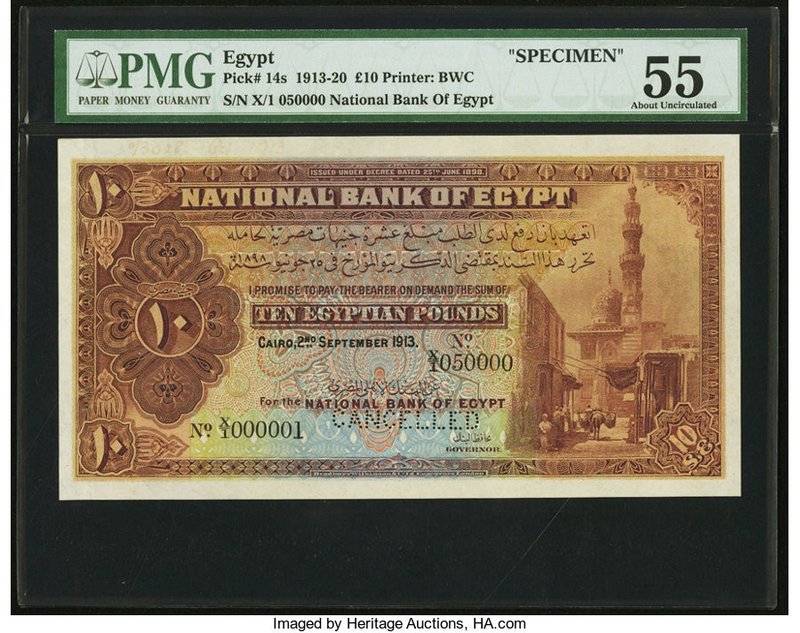 Egypt National Bank of Egypt 10 Pounds 2.9.1913 Pick 14s Specimen PMG About Unci...
