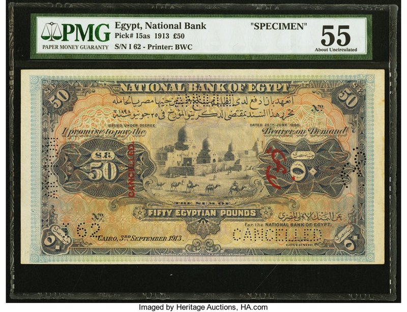 Egypt National Bank of Egypt 50 Pounds 3.9.1913 Pick 15as Specimen PMG About Unc...