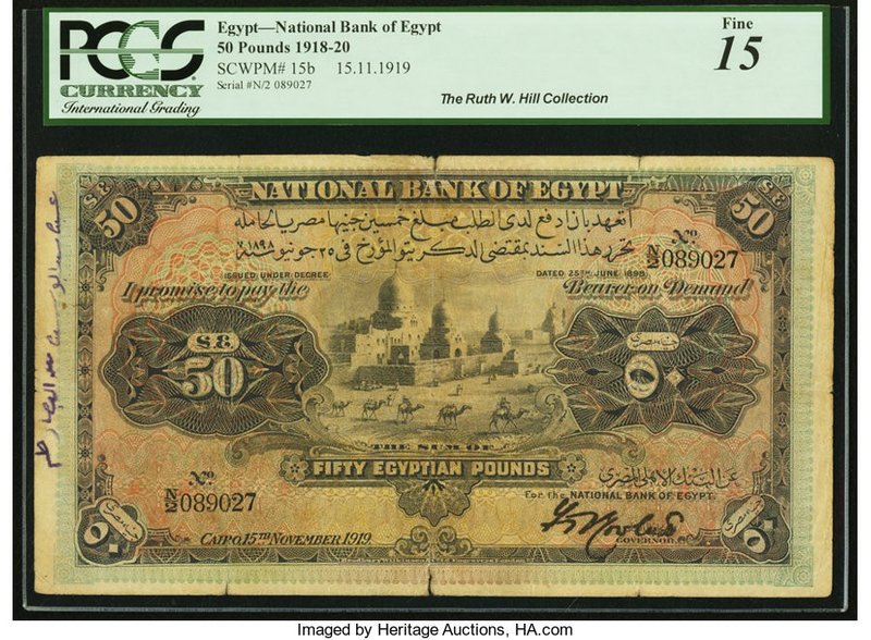 Egypt National Bank of Egypt 50 Pounds 15.11.1919 Pick 15b PCGS Fine 15. A Pick ...
