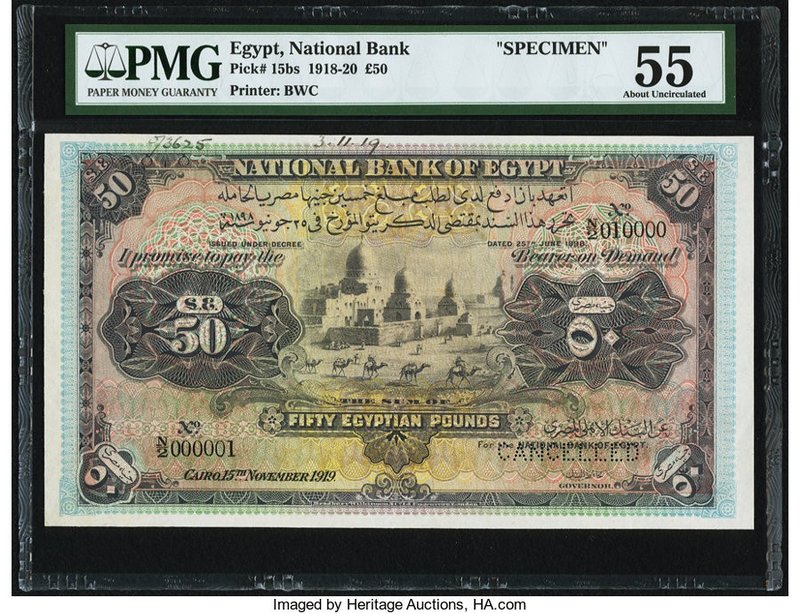 Egypt National Bank of Egypt 50 Pounds 15.11.1919 Pick 15bs Specimen PMG About U...
