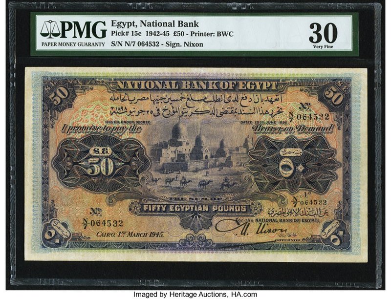 Egypt National Bank of Egypt 50 Pounds 1.3.1945 Pick 15c PMG Very Fine 30. A muc...