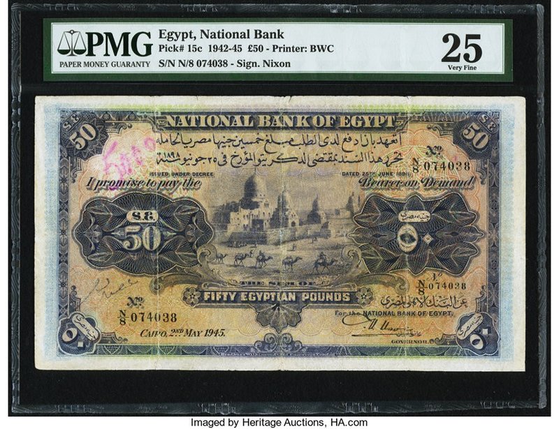 Egypt National Bank of Egypt 50 Pounds 2.5.1945 Pick 15c PMG Very Fine 25. An al...