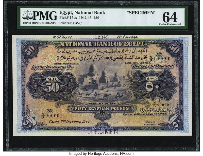 Egypt National Bank of Egypt 50 Pounds 7.12.1944 Pick 15cs Specimen PMG Choice U...