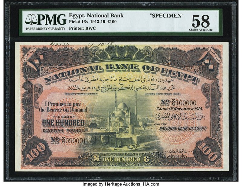 Egypt National Bank of Egypt 100 Pounds 1.11.1918 Pick 16s Specimen PMG Choice A...