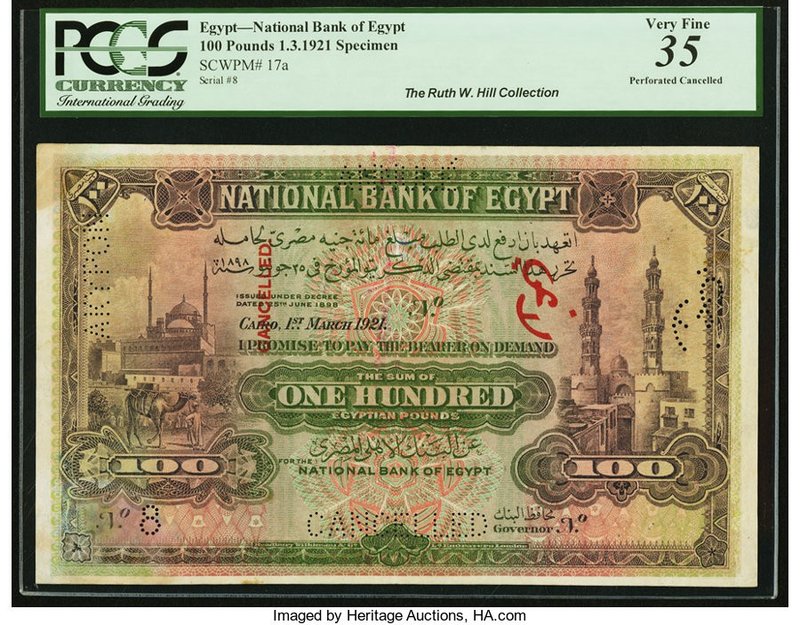 Egypt National Bank of Egypt 100 Pounds 1.3.1921 Pick 17as Specimen PCGS Very Fi...