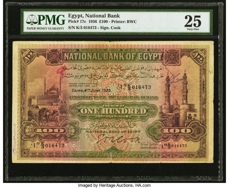 Egypt National Bank of Egypt 100 Pounds 4.6.1936 Pick 17c PMG Very Fine 25. The ...
