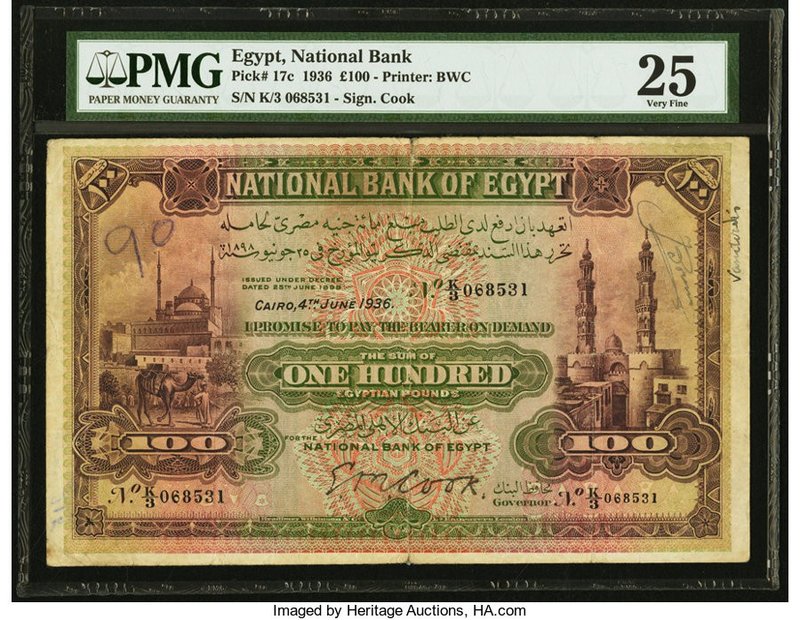 Egypt National Bank of Egypt 100 Pounds 4.6.1936 Pick 17c PMG Very Fine 25. A de...