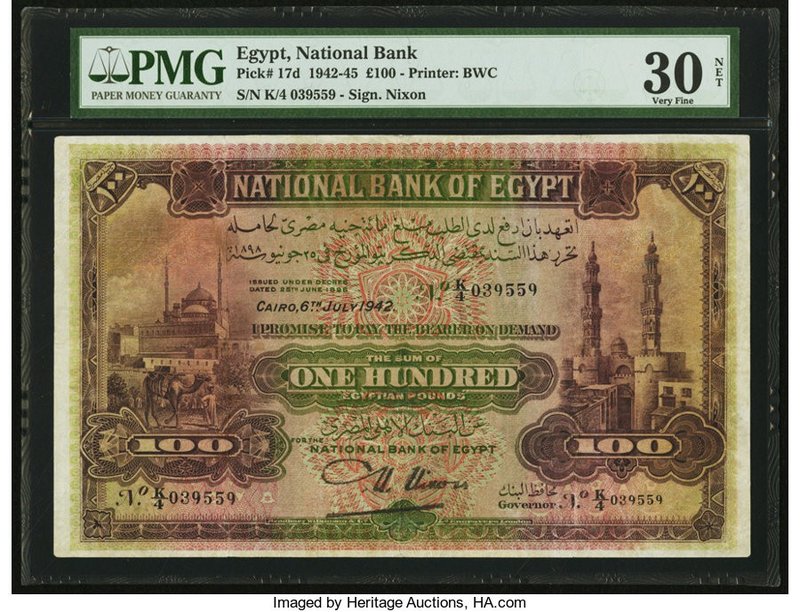 Egypt National Bank of Egypt 100 Pounds 6.7.1942 Pick 17d PMG Very Fine 30 Net. ...