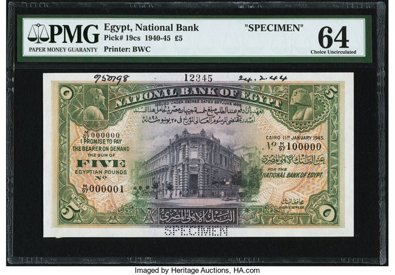 Egypt National Bank of Egypt 5 Pounds 11.1.1945 Pick 19cs Specimen PMG Choice Un...